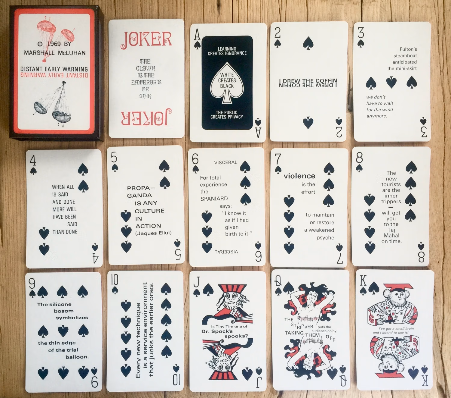 These are the cards with aphorisms by McLuhan, the Dewline Deck of 1969, a clever deck of cards that McLuhan and his designer buddy Harley Parker made one of the "issues" of his multimedia newsletter, The Dewline.