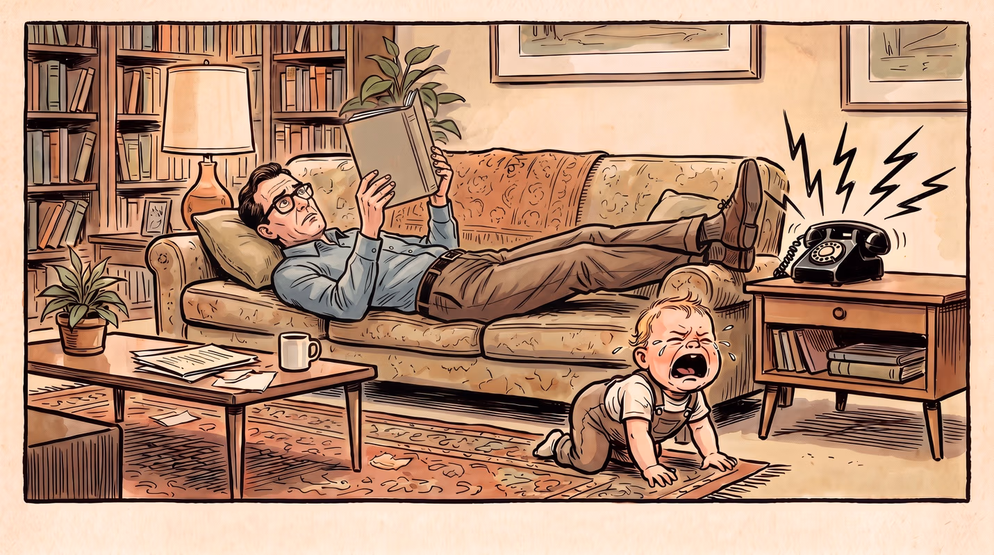 Cartoon of a father reclining on a couch reading a book with his feet up while a baby cries on the floor nearby and an unanswered rotary telephone rings loudly on a side table.