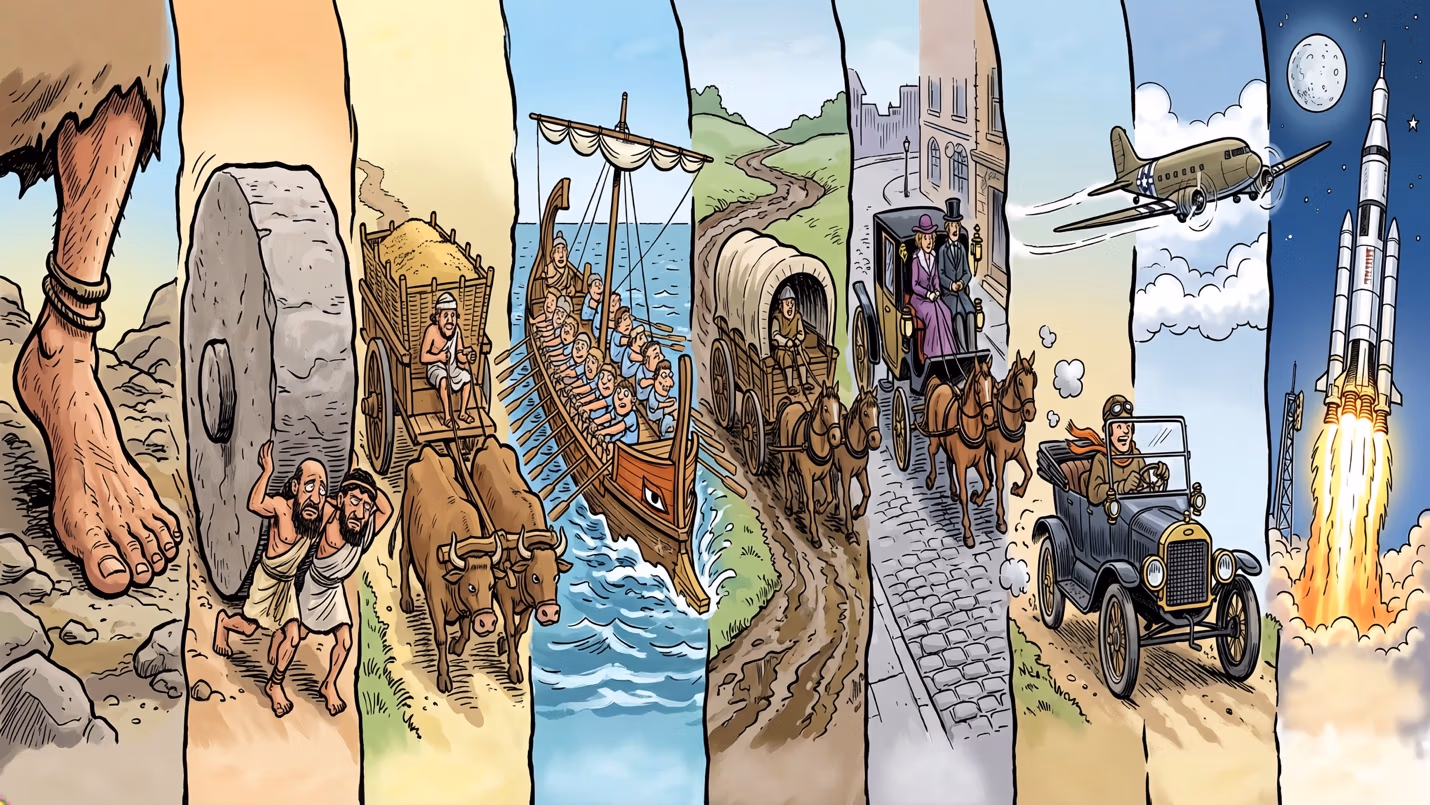 Wide illustrated panoramic timeline of human transportation history, divided into vertical panels showing a bare foot, a millstone, an ox cart, a rowed galley ship, a covered wagon, a horse-drawn carriage, an early automobile, a propeller airplane, and a rocket launching into space.