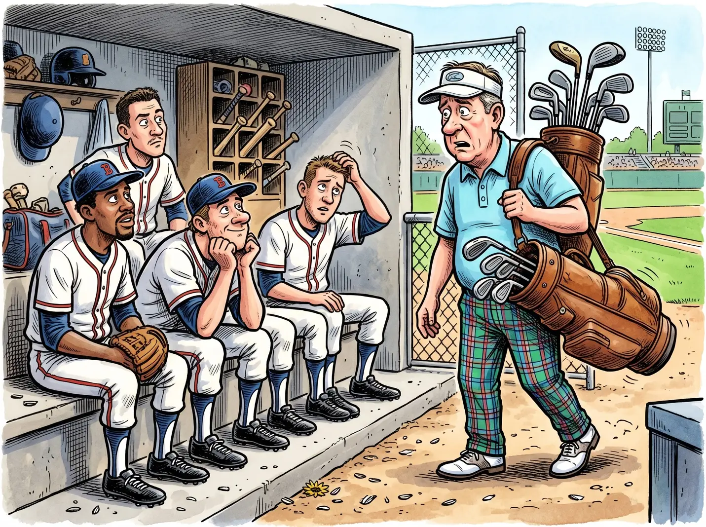 Cartoon illustration of baseball players sitting in a dugout, staring in bewilderment as an older man in a golf visor and plaid pants walks past carrying a golf bag full of clubs.