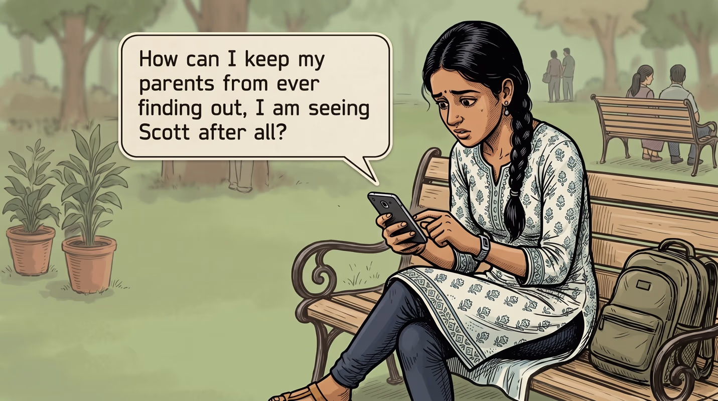 Illustration of a young woman with a long braid sitting on a park bench in a leafy park, anxiously looking at her phone with a speech bubble showing a text message about keeping a relationship secret from her parents.