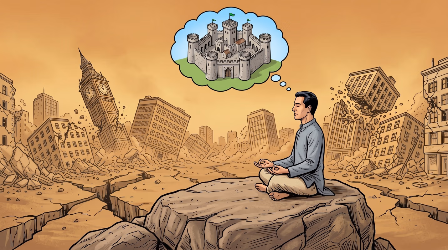 Illustration of a man meditating cross-legged on a rock amid a devastated, cracked cityscape with toppled buildings and a leaning clock tower; a thought bubble above him shows an intact walled castle.