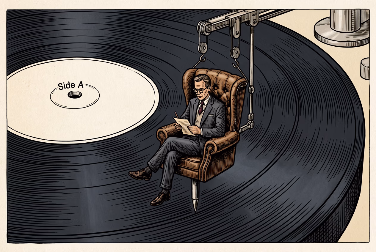 Illustrated scene of a man in a suit reading papers while seated in an armchair, suspended by a mechanical tonearm on the surface of an oversized vinyl record labeled "Side A."