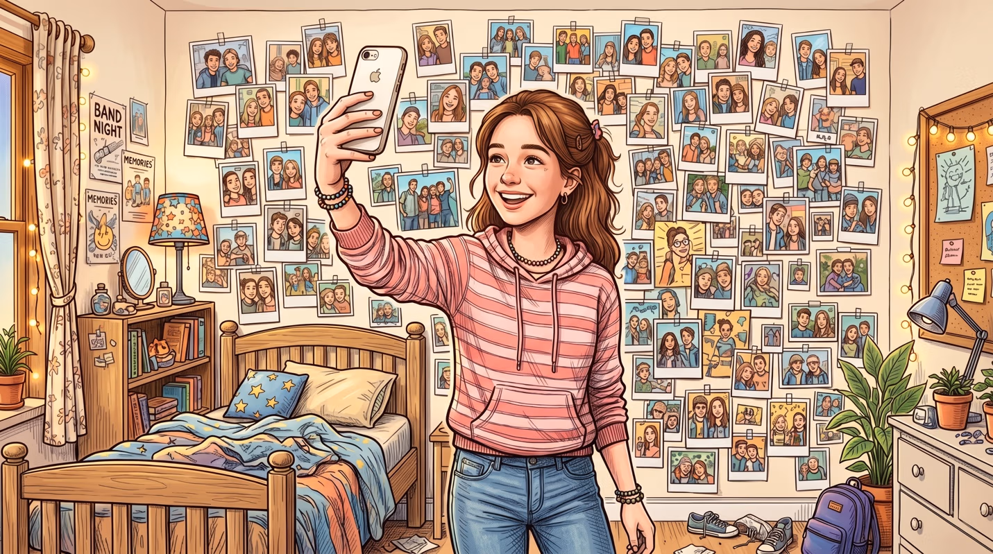 Illustration of a teenage girl taking a selfie in her bedroom, whose walls are covered edge to edge with dozens of Polaroid-style photos of friends and family.