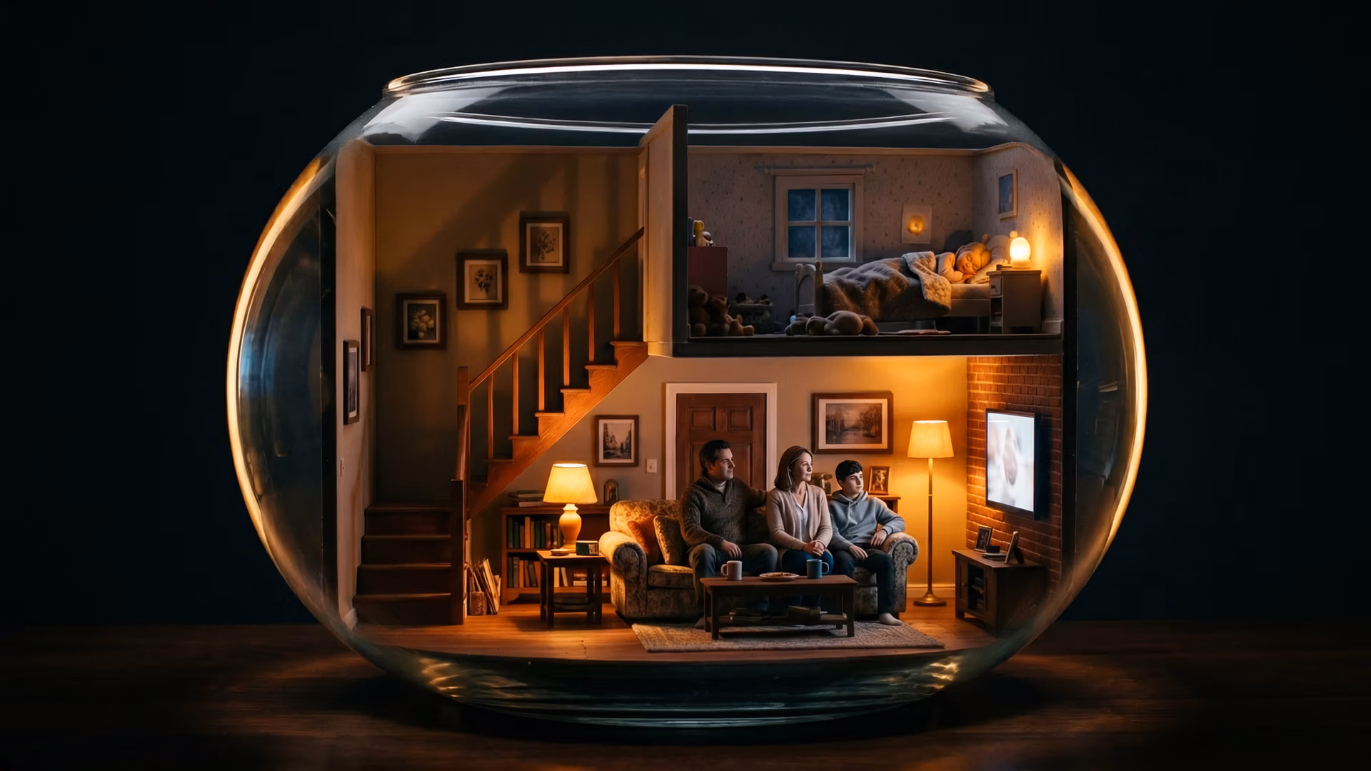 Photorealistic miniature diorama inside a glass fishbowl showing a cutaway two-story house at night, with a family watching TV downstairs and a child asleep upstairs.