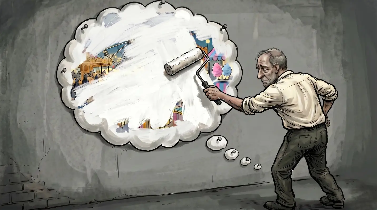 Illustration of a weary older man using a paint roller to whitewash over a colorful carnival scene inside a large thought bubble, with paint drips falling below.