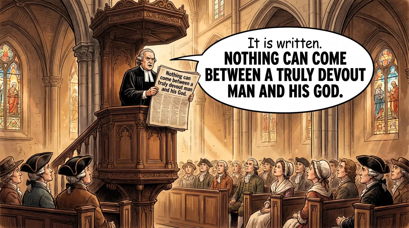 Illustration of a colonial-era preacher in a wooden pulpit addressing a seated congregation, with a large speech bubble displaying bold printed text.