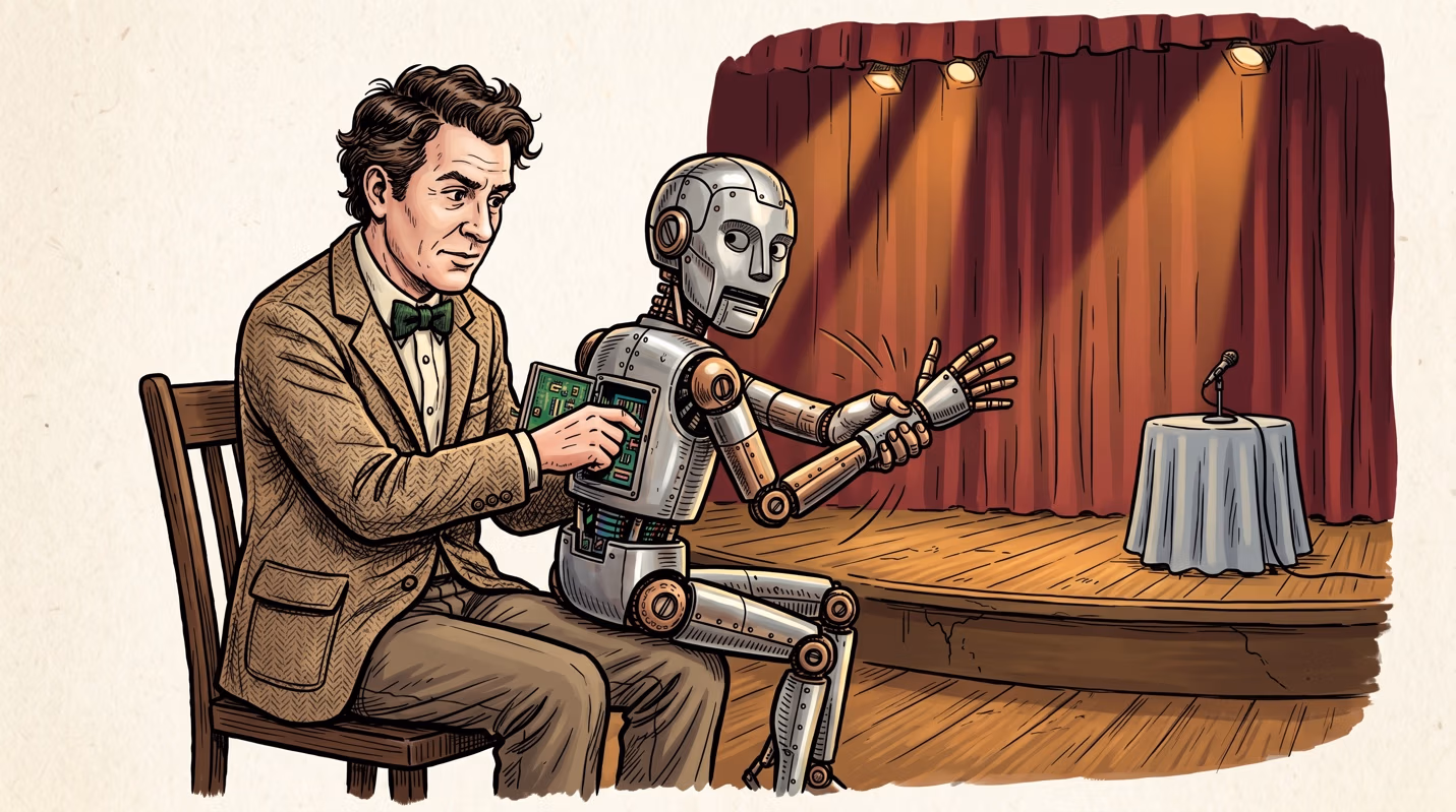 Illustration of a man in a tweed jacket and bow tie operating a humanoid robot backstage near a curtained stage with a microphone stand, evoking a ventriloquist and his dummy.