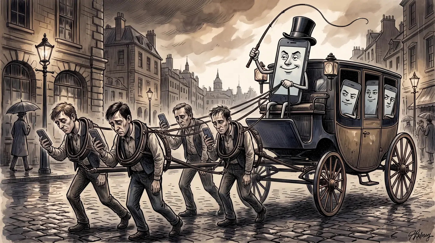 Sepia-toned illustration of a smartphone-headed figure in a top hat driving a horse-drawn carriage, with four hunched men in harness straps pulling it while staring down at their own phones.