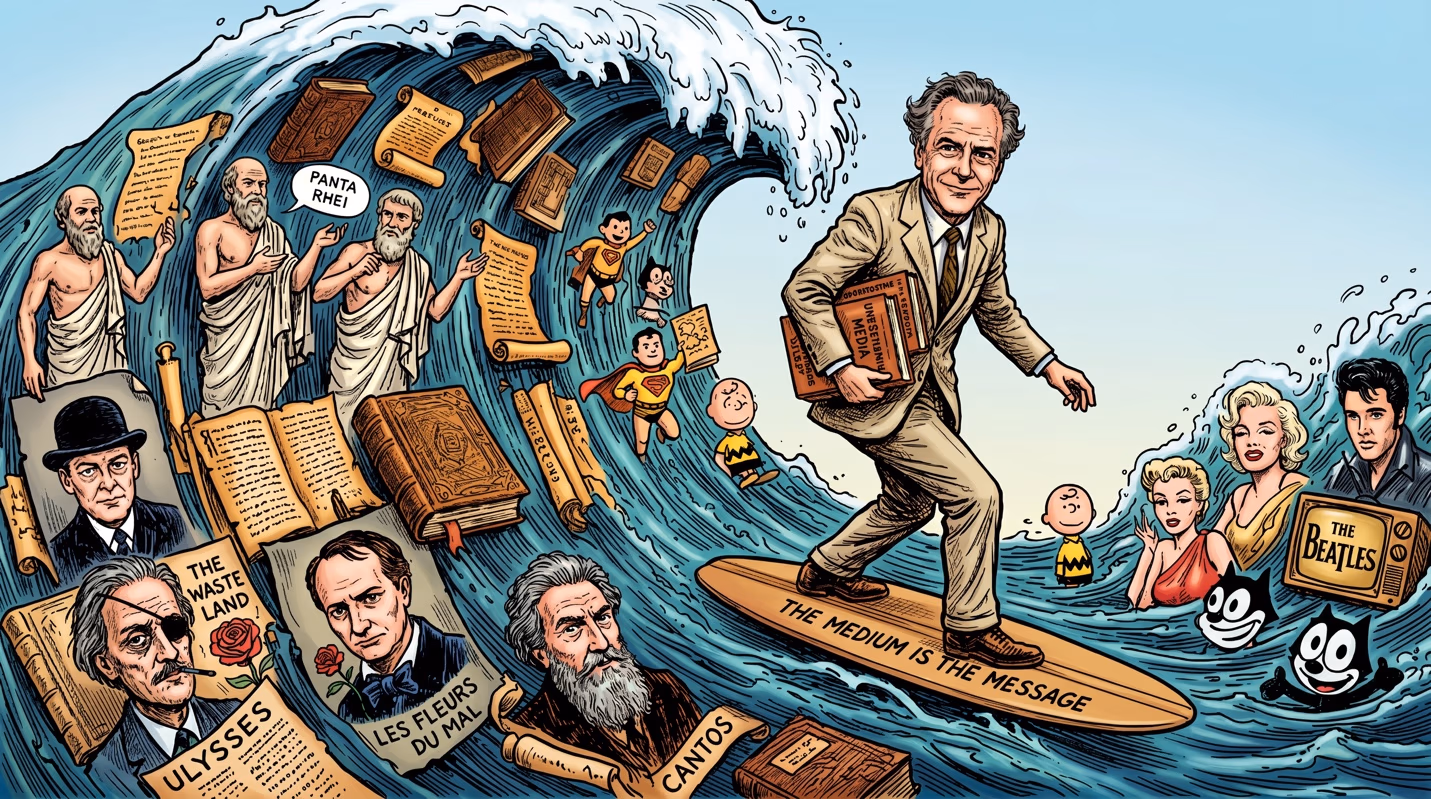 Illustrated cartoon of Marshall McLuhan in a suit, surfing on a board reading "The Medium Is the Message" atop a giant wave made of books, ancient Greek philosophers, and 20th-century pop-culture icons (Charlie Brown, Superman, Marilyn Monroe, Elvis, the Beatles) surging around him.