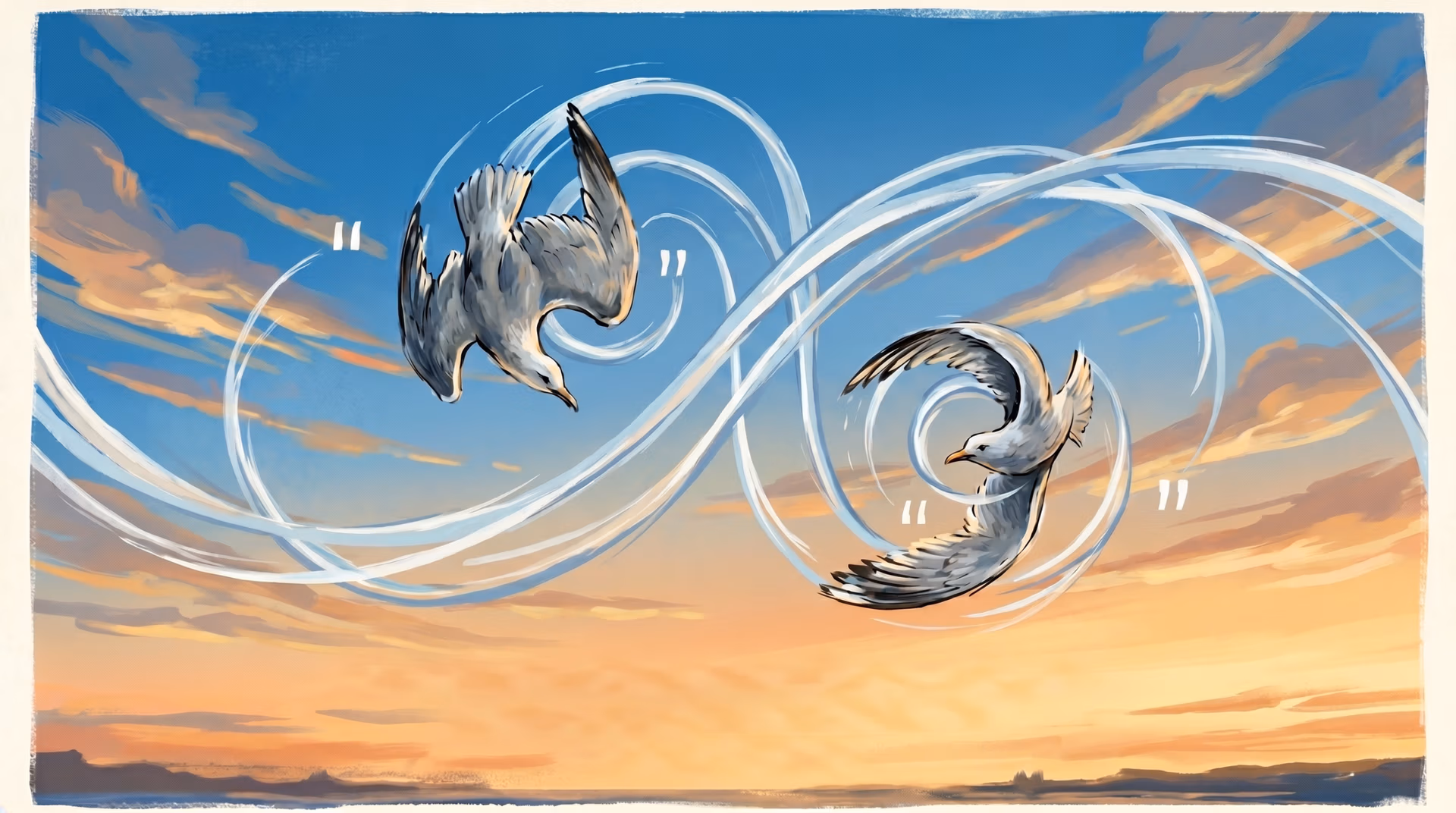 Painterly illustration of two seagulls diving and swooping through looping ribbon-like trails against a blue-to-orange sunset sky, framed by decorative quotation marks.