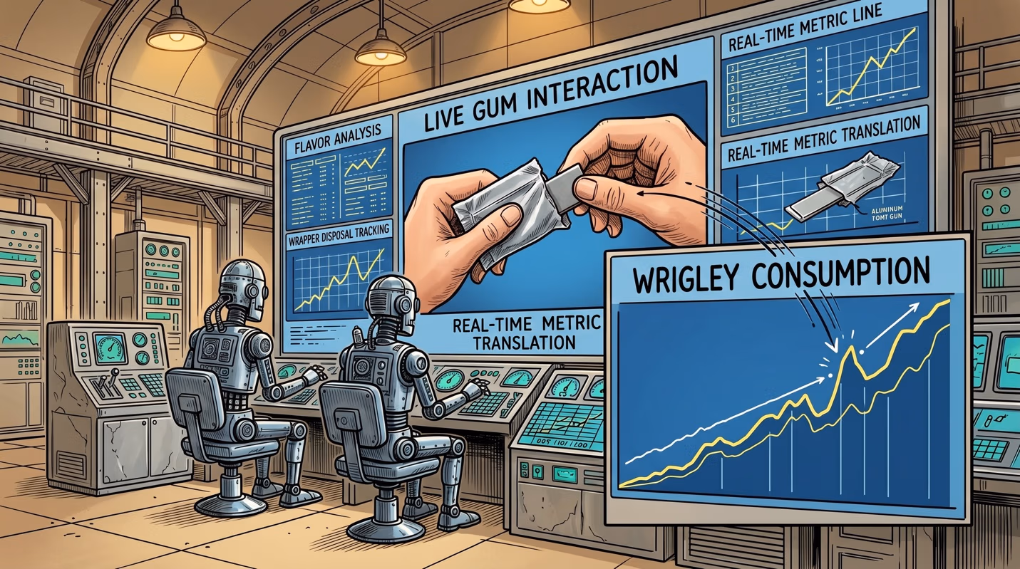 Cartoon illustration of two robots seated in a futuristic control room, monitoring screens labeled "Live Gum Interaction," "Wrigley Consumption," and other real-time metrics, with a pair of hands unwrapping a stick of gum shown on a central display.