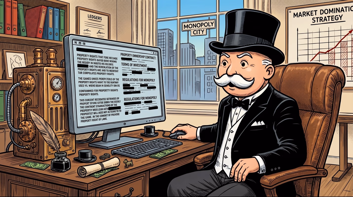 Cartoon illustration of a Monopoly Man-style tycoon in top hat and tuxedo at a computer displaying redacted legal documents, in an office labeled "Monopoly City."