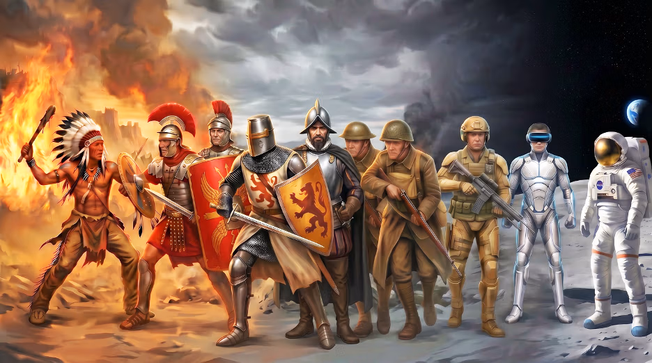 Illustrated procession of warriors and soldiers through history — a Native American fighter, Roman legionaries, a medieval knight, WWI/WWII infantry, a modern rifle-armed soldier, a futuristic armored trooper, and an astronaut — set against a sky shifting from fire to outer space.