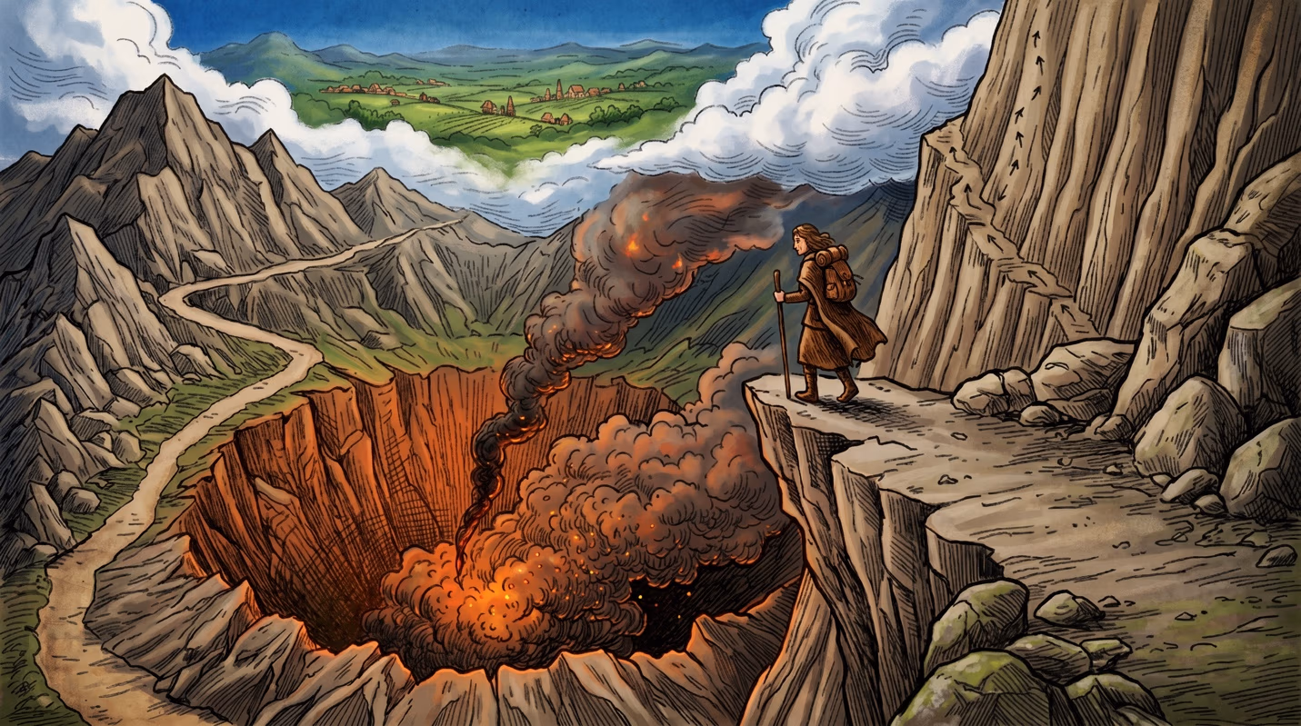 Illustration of a lone hiker with a walking stick standing at the edge of a smoking volcanic crater on a rocky mountain trail, with a peaceful green village valley visible in the distance beyond the clouds.