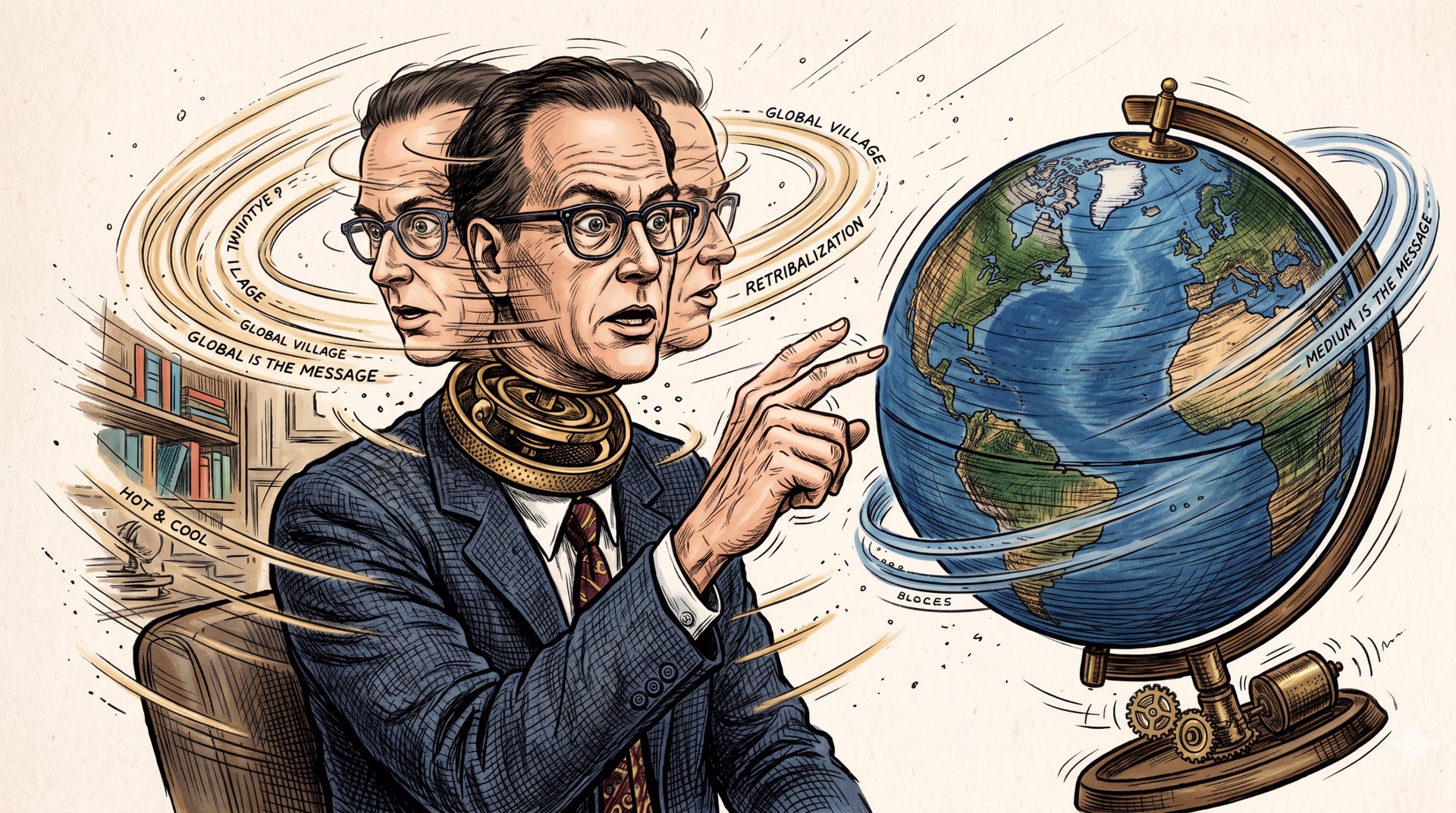 Color illustration of a bespectacled man in a suit with three overlapping, motion-blurred heads (as if spinning), pointing toward a spinning desk globe encircled by ribbons labeled "Global Village" and "Medium Is the Message."