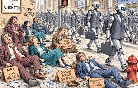 Color illustration of dejected, unemployed-looking people sitting on a city sidewalk holding cardboard signs ("MBA Was Useless," "College Degree $0 Return"), while a line of business-suited robots carrying briefcases walks past in the background.
