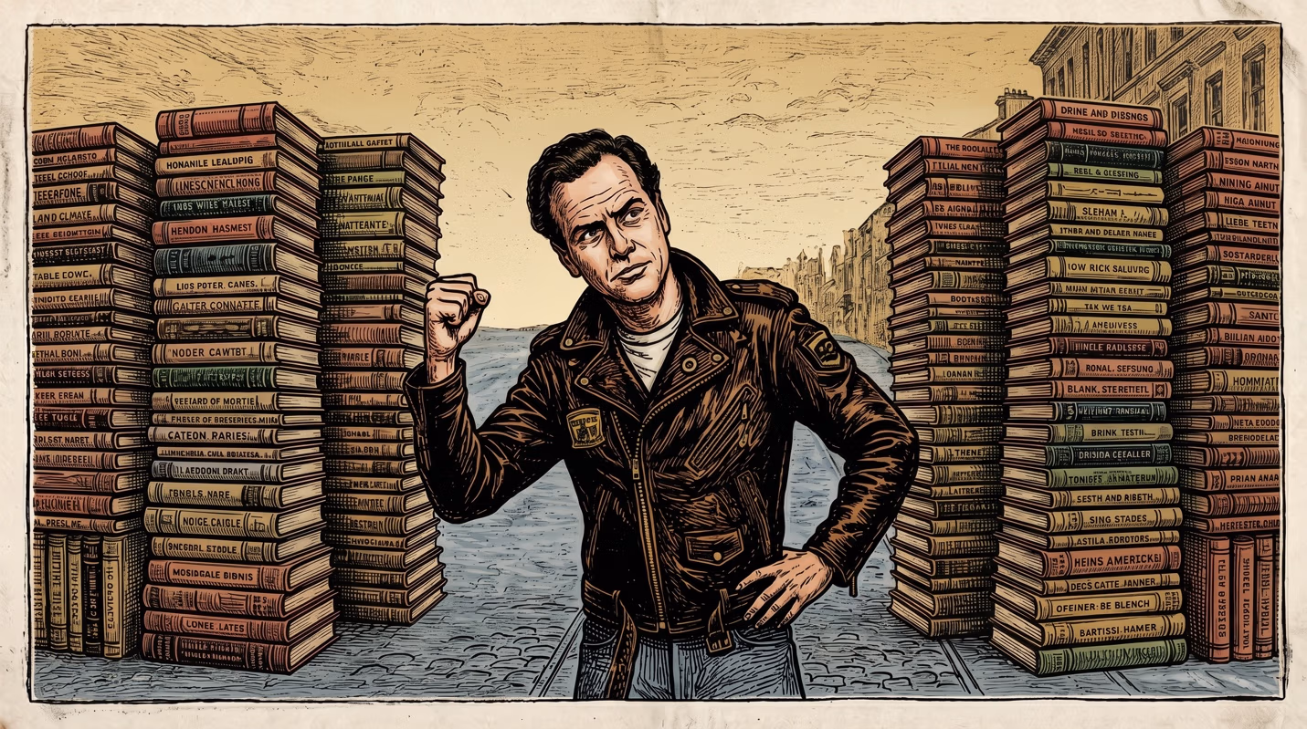 Sepia-toned illustration of a man in a leather jacket standing with a raised fist between two towering stacks of books lining a cobblestone street.
