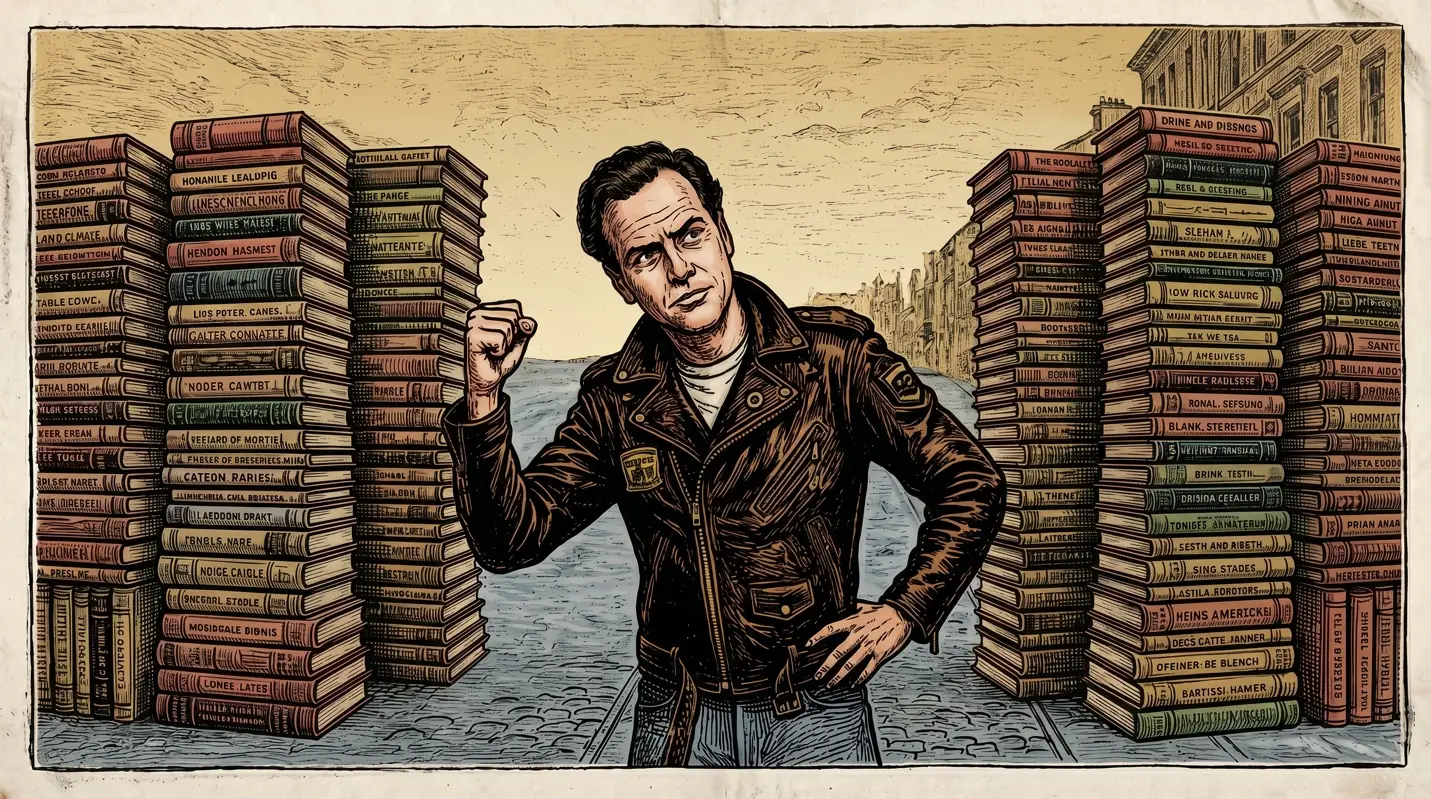 Sepia-toned illustration of a man in a leather jacket standing with a raised fist and hand on hip between two towering columns of stacked books lining a cobblestone street.