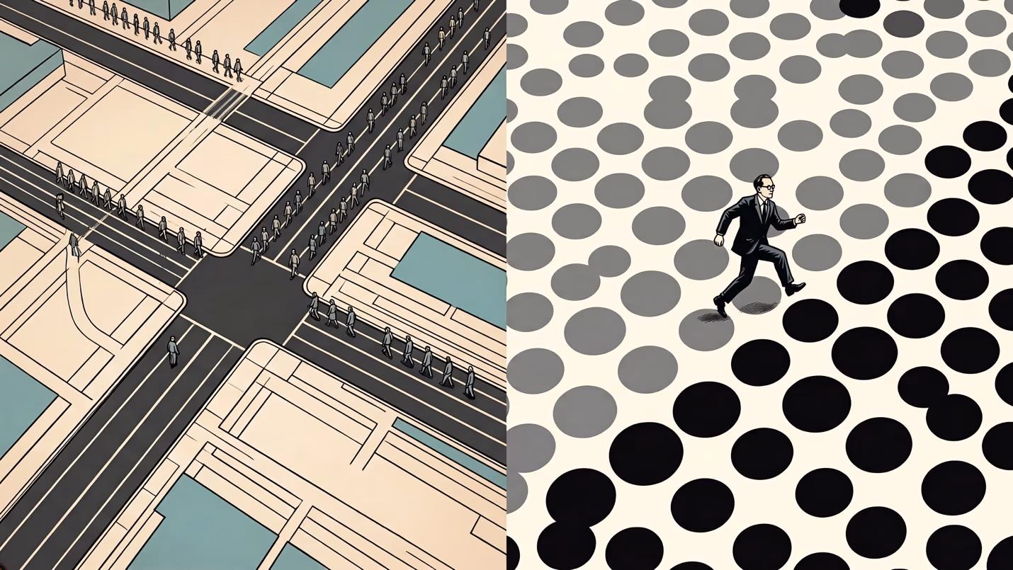 Split illustration: left panel shows an aerial view of a geometric city intersection with rows of pedestrians walking in straight lines; right panel shows a man in a suit running diagonally across a field of black and grey polka dots.
