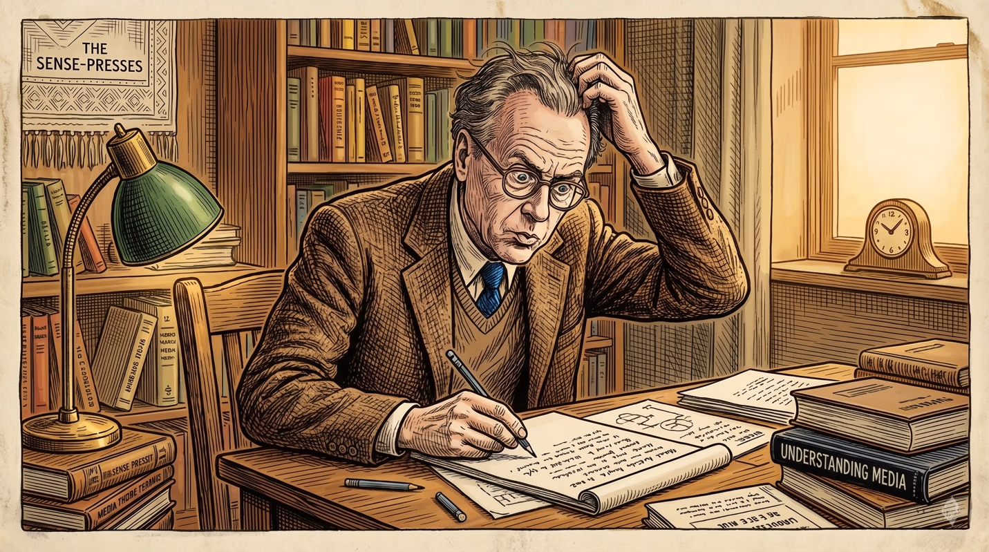 Color illustration of an older, bespectacled man in a tweed jacket seated at a cluttered writing desk in a book-lined study, scratching his head while writing, with a copy of "Understanding Media" stacked nearby.