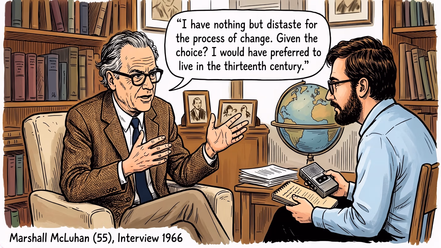 Illustrated comic panel of an older man in a brown tweed jacket and glasses (Marshall McLuhan) gesturing while speaking to a bearded interviewer holding a notebook and tape recorder, seated in a book-lined study with a globe nearby.