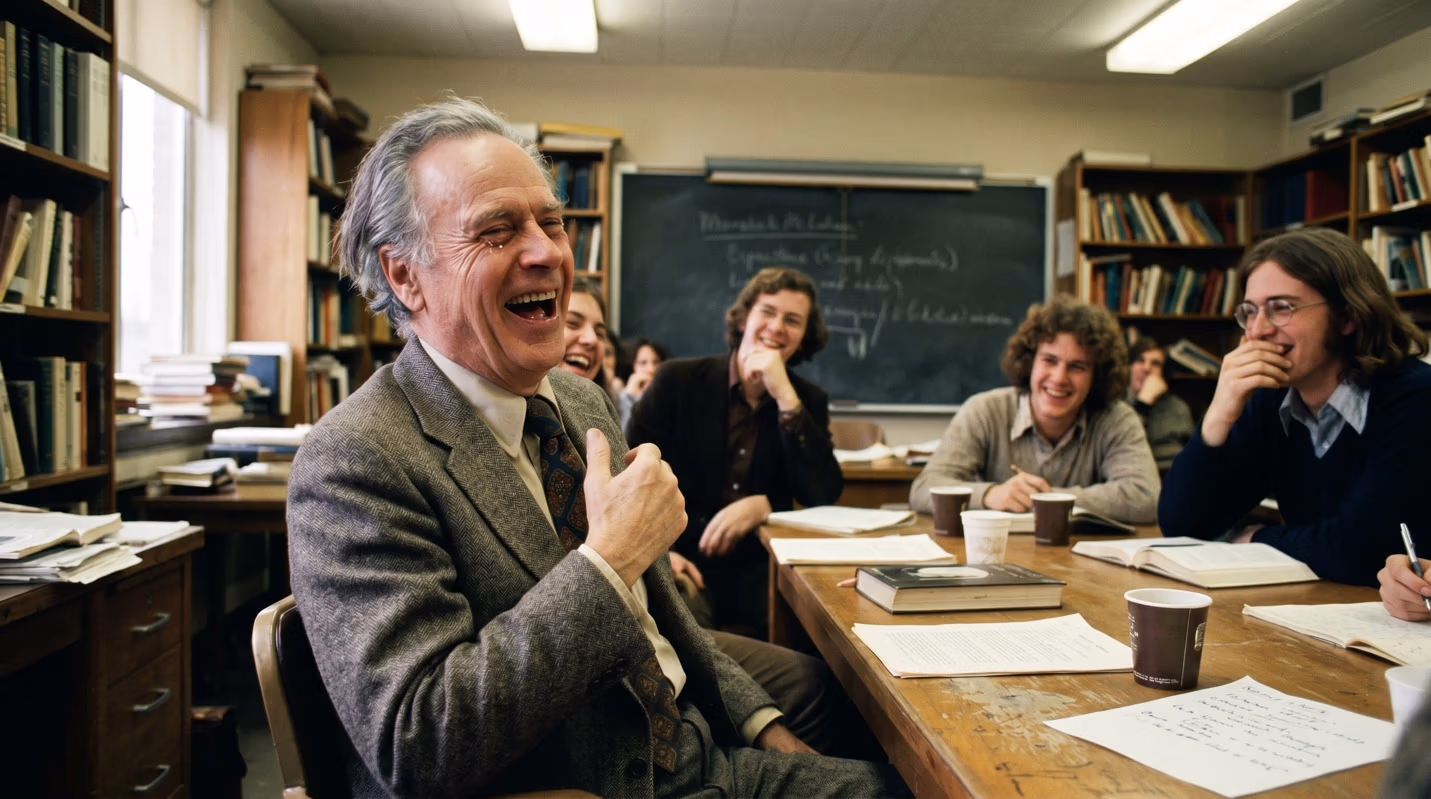 Photorealistic image of an older man laughing heartily at the head of a seminar table, surrounded by smiling students, in front of a blackboard in a book-lined classroom.