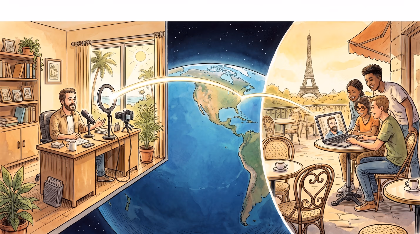 Split illustration showing a man livestreaming from a home office on one side, connected across a globe by a glowing arc to a group of friends watching him on a laptop at an outdoor Paris cafe with the Eiffel Tower visible on the other side.