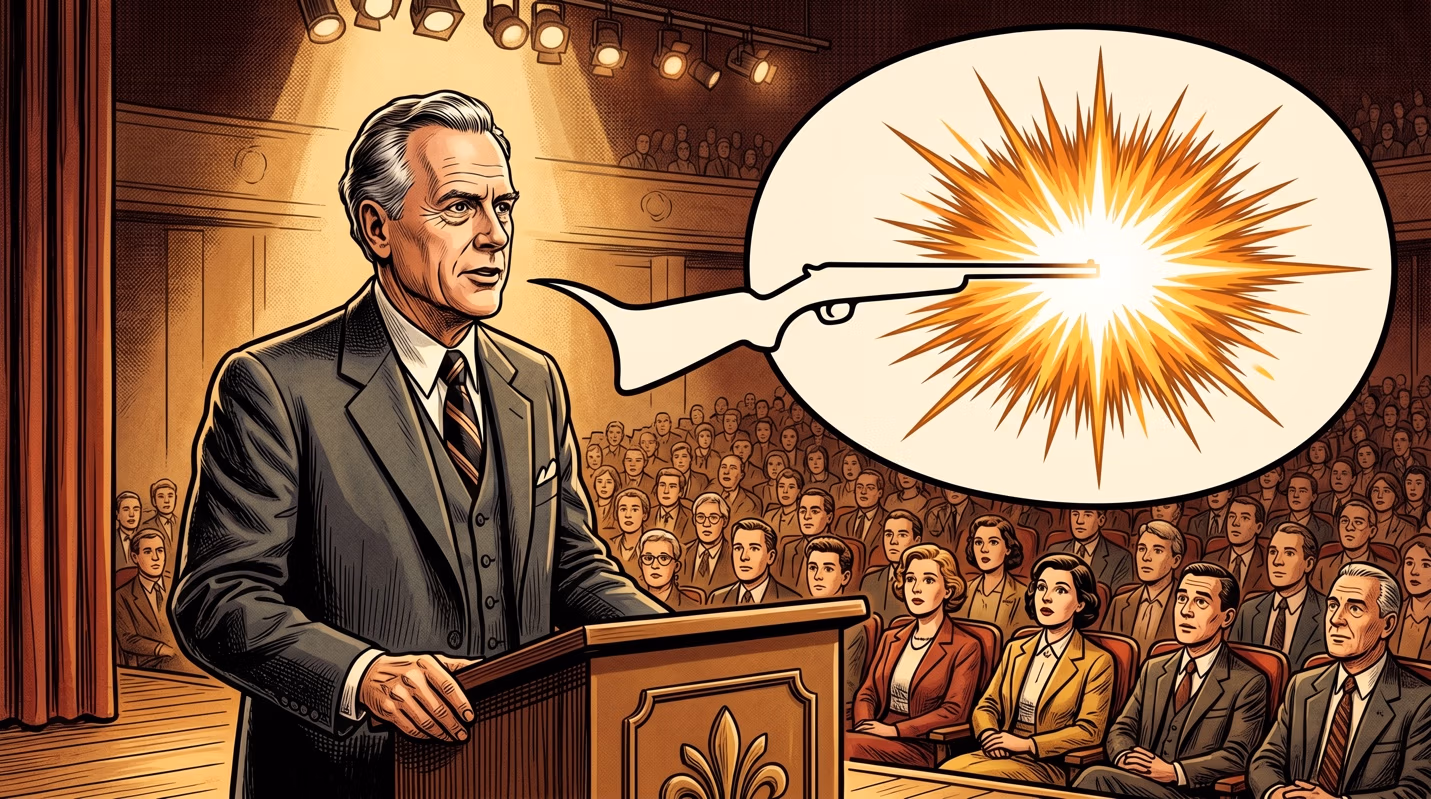 Illustrated scene of a grey-haired man (McLuhan) speaking at a lectern on a stage before a seated audience, with a large speech bubble shaped like a rifle firing a starburst explosion.
