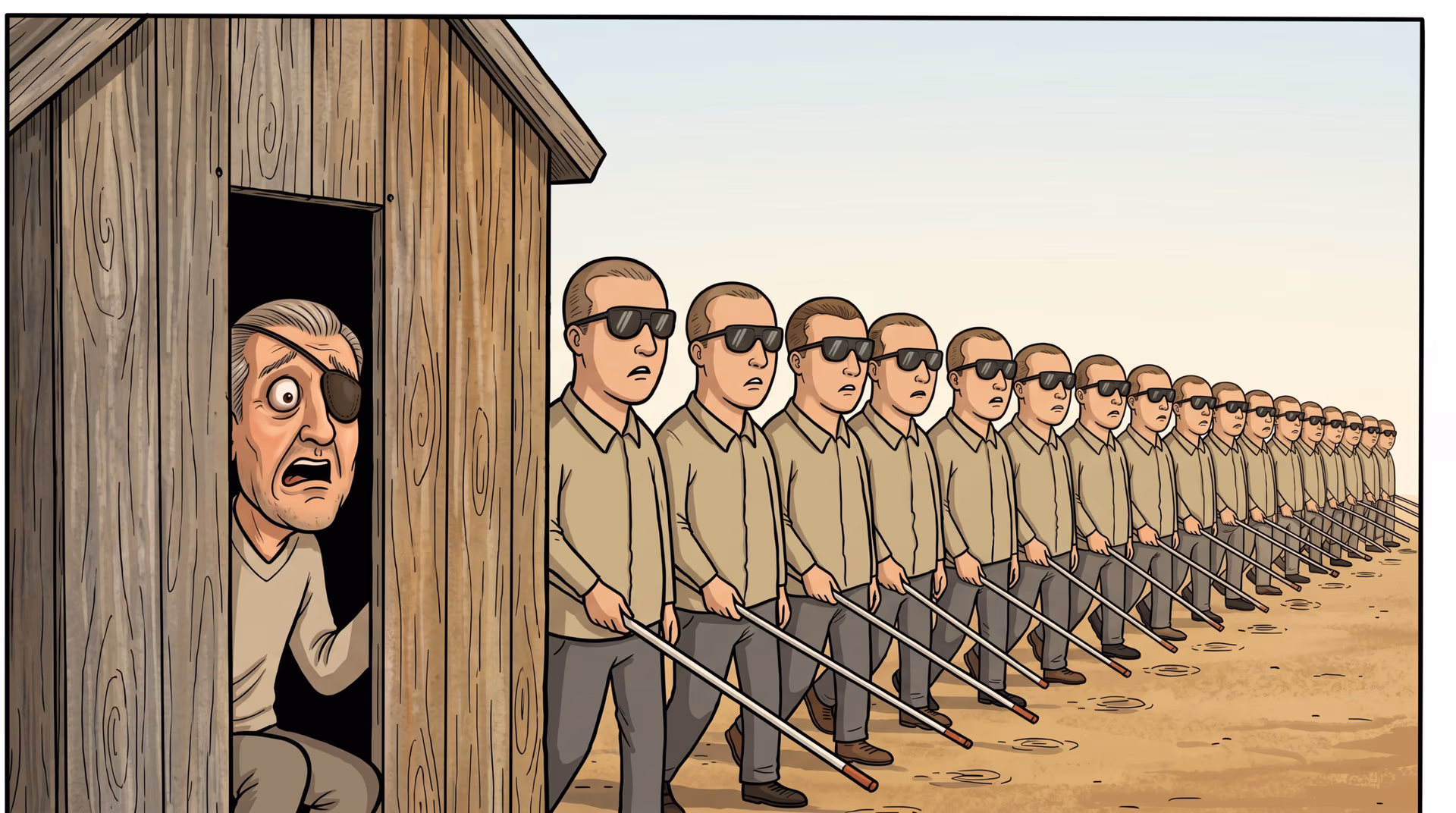Comic-style illustration of a startled one-eyed man peering from a wooden shed at a long line of identical men in sunglasses marching in formation with white canes.