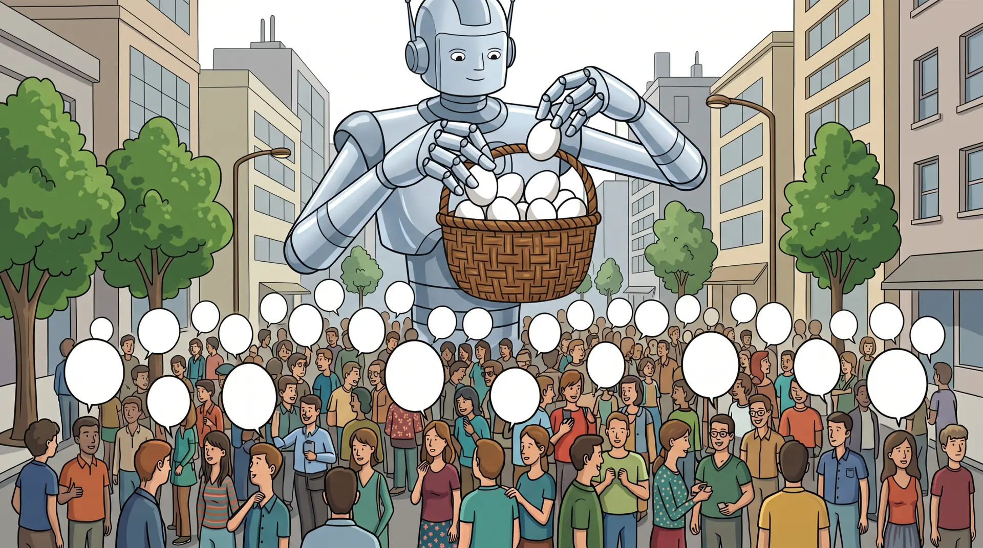 Cartoon illustration of a giant robot in a city street gathering white eggs into a basket, gathered from a dense crowd of people below, each topped with an empty speech bubble.