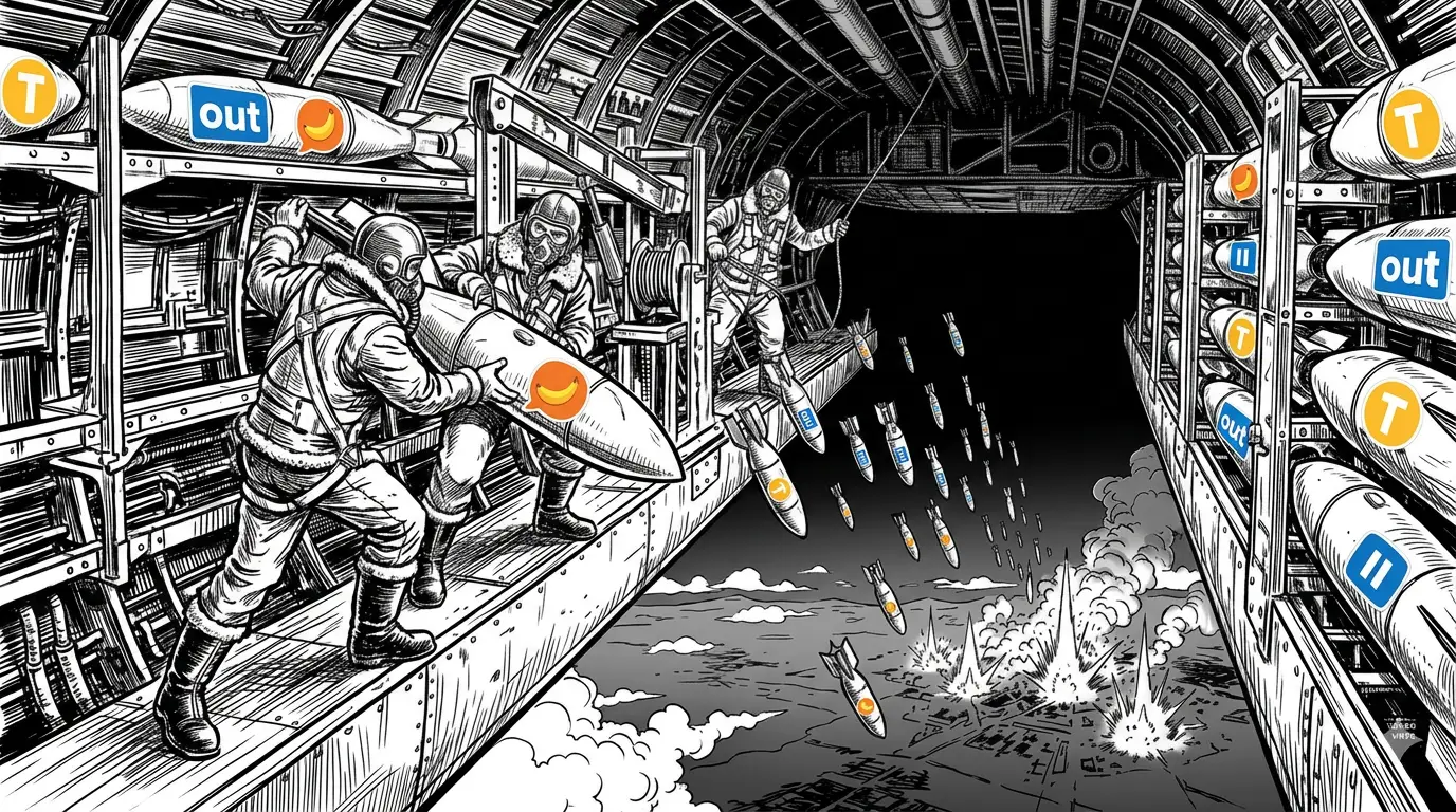 Black-and-white ink illustration of World War II-era bomber crew loading bombs stamped with social-media-style icons (speech bubbles, "out," "T") into a plane's open bomb bay, with the bombs falling and exploding over a city below.