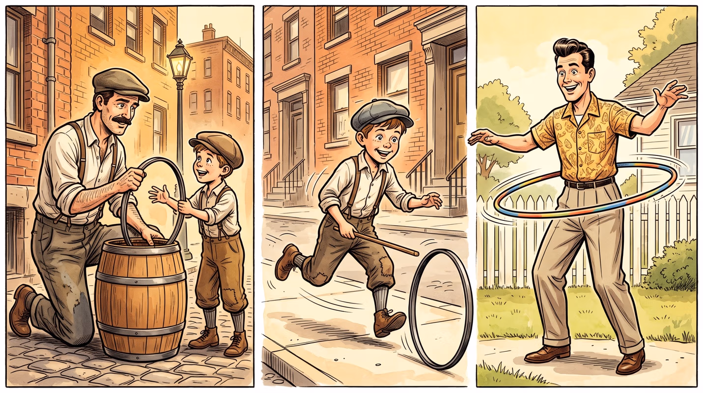Three-panel illustration showing a father helping a boy roll a metal hoop, the boy running it down a sidewalk with a stick, and a grown man hula-hooping in a backyard.