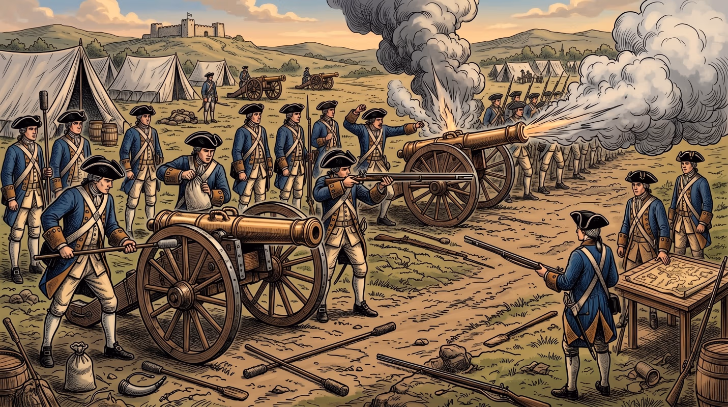Illustrated historical battle scene of 18th-century soldiers in tricorn hats firing muskets and cannon amid smoke, with a military camp and hilltop fortress in the background.