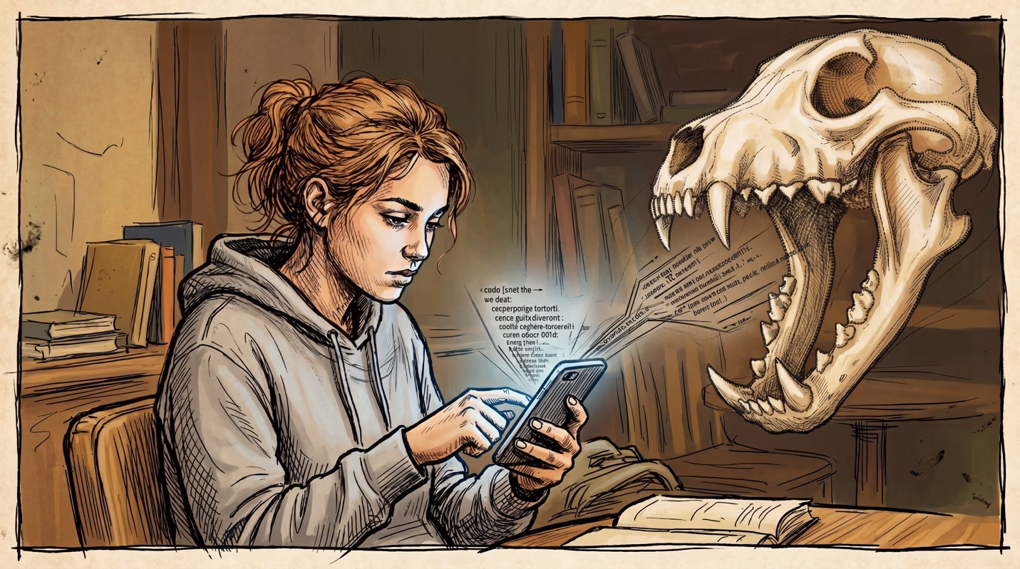 Illustrated scene of a young woman absorbed in her smartphone at a desk, with streams of garbled text flowing from the phone toward a looming, open-jawed animal skull beside her.