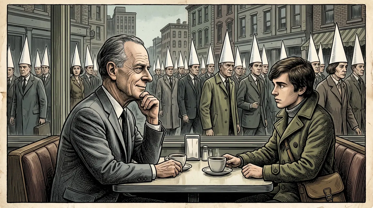 Illustrated scene of an older man and a young man facing each other in a diner booth over coffee, while outside the window a uniform crowd of people in pointed dunce caps files past.