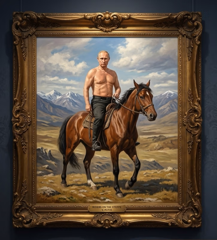 Satirical gilt-framed oil painting hanging in a gallery, depicting a shirtless man on horseback against a mountainous steppe landscape, with a plaque reading "Riders on the Steppe, V. Rutin.