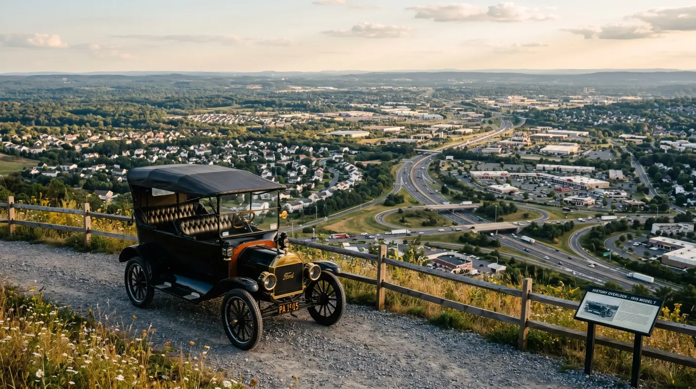 Photograph of a vintage black Ford Model T parked at a scenic hillside overlook, with a modern highway interchange and suburban town spread out in the valley below.