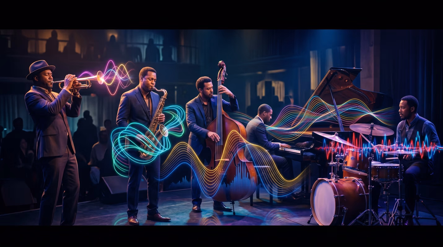 Stylized photo-illustration of a jazz quintet (trumpet, saxophone, upright bass, piano, and drums) performing on a dim stage, with colorful glowing sound waves swirling around the instruments.