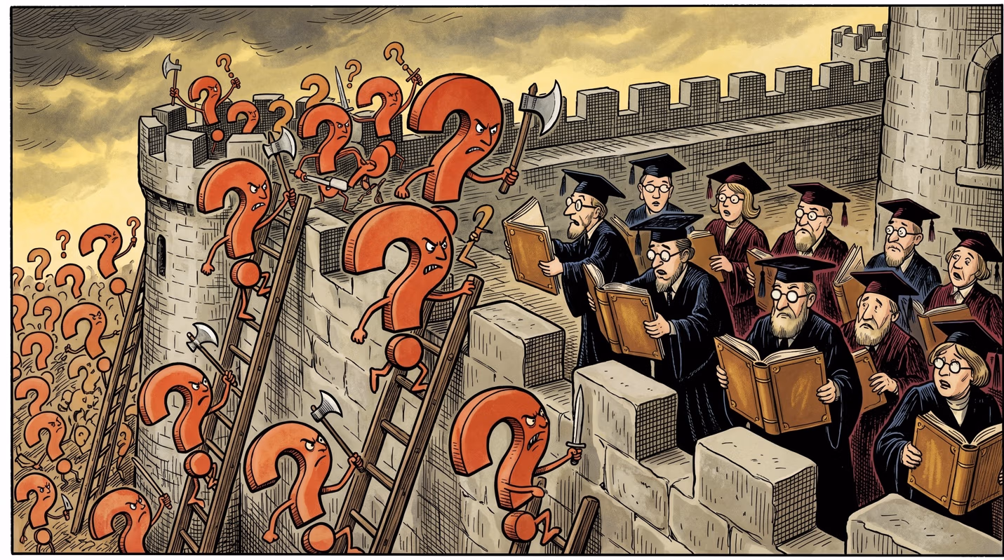 Illustrated cartoon of an army of angry, weapon-wielding question-mark characters storming a castle with ladders and axes, while a line of academics in caps and gowns holding open books stands defending the wall.