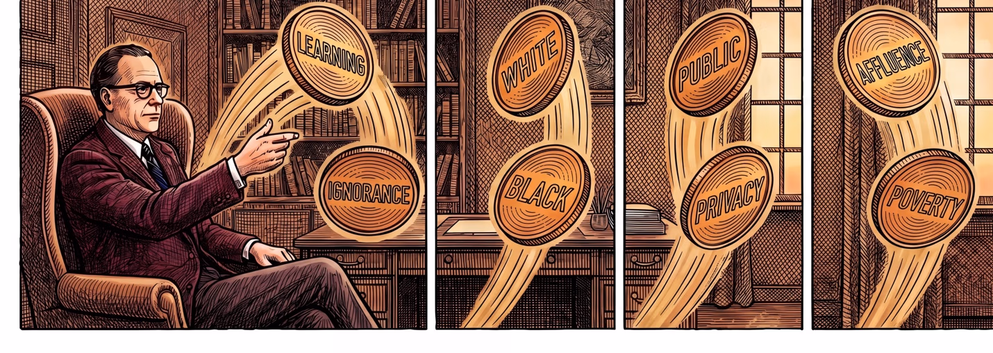 Four-panel illustrated sequence of a man in an armchair tossing paired coin-like tokens labeled "Learning/Ignorance," "White/Black," "Public/Privacy," and "Affluence/Poverty" across a study.