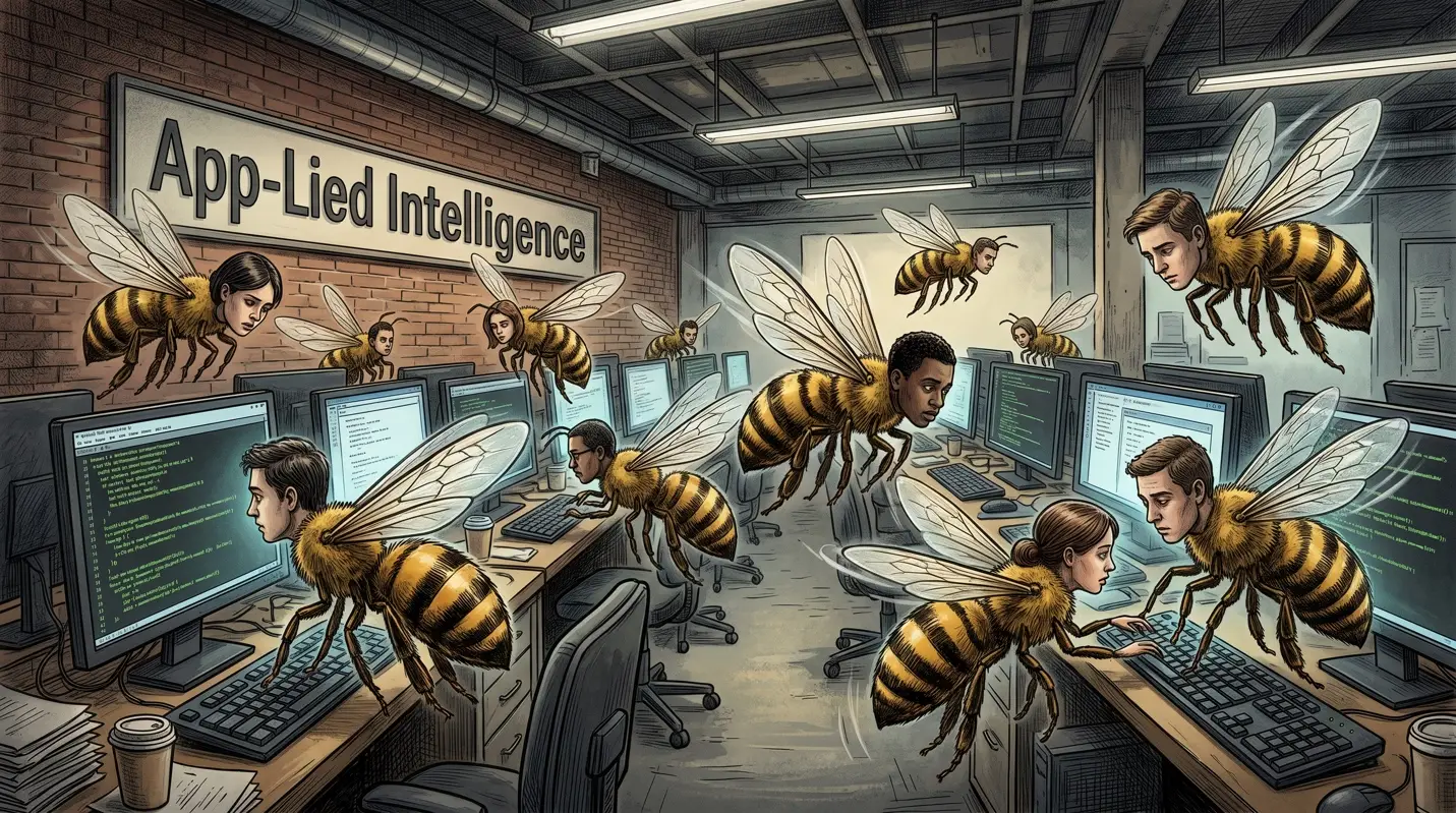 Cartoon illustration of an open-plan office in which the workers are drawn as giant bees hunched over keyboards at computer monitors, beneath a wall sign reading "App-Lied Intelligence."