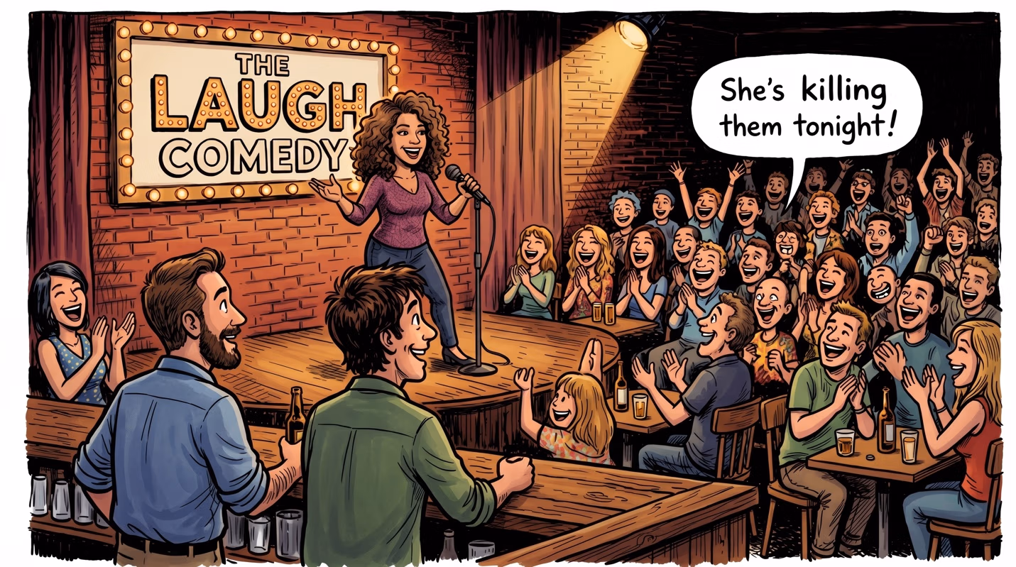 Color cartoon illustration of a female stand-up comedian performing on a small club stage under a "The Laugh Comedy" marquee, with an enthusiastic audience laughing, clapping, and cheering below her.