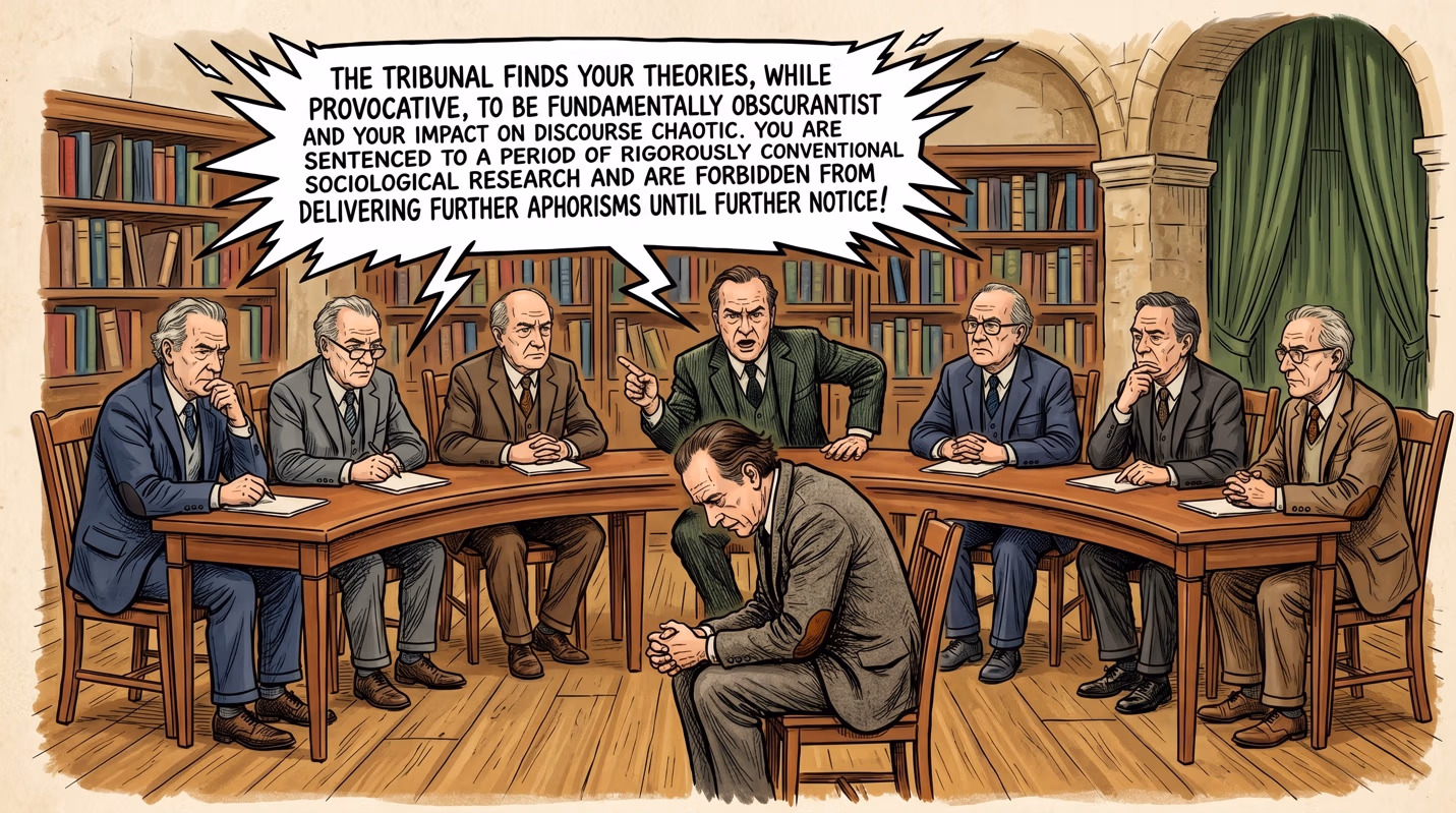 Illustrated cartoon of a man sitting hunched before a panel of stern, seated academics at a curved tribunal table in a book-lined hall, with one panelist pointing accusingly as a large speech-bubble text looms overhead.