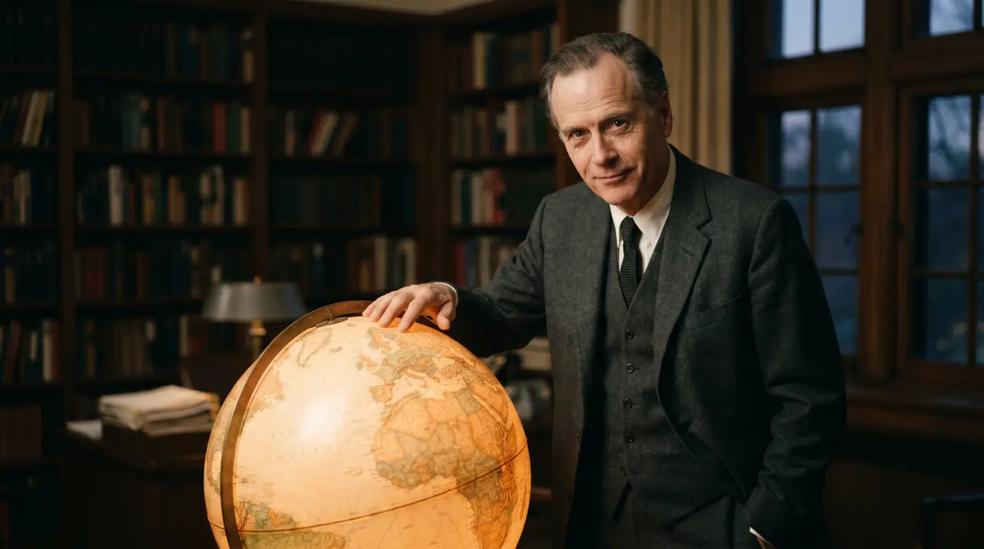 Photorealistic portrait of a grey-haired man in a tweed suit standing in a wood-paneled library, resting his hand on an illuminated antique globe, looking toward the camera.