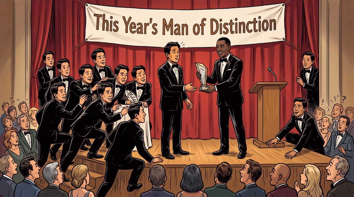 Cartoon illustration of an awards-ceremony stage with a banner reading "This Year's Man of Distinction," where a crowd of identically dressed men in black tuxedos jostle forward to receive the same trophy from a smiling recipient.