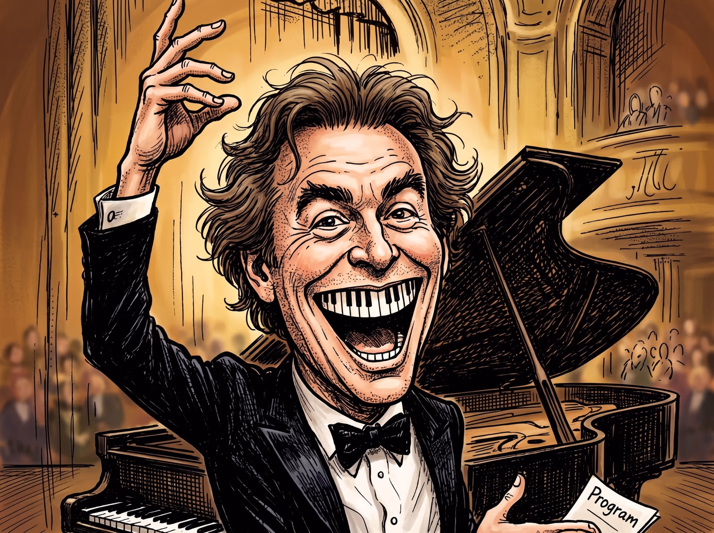 Comic-style caricature of a wild-haired pianist in a tuxedo mid-performance at a grand piano, mouth wide open with piano-key teeth, one hand raised and the other holding a concert program, an audience visible in the background.