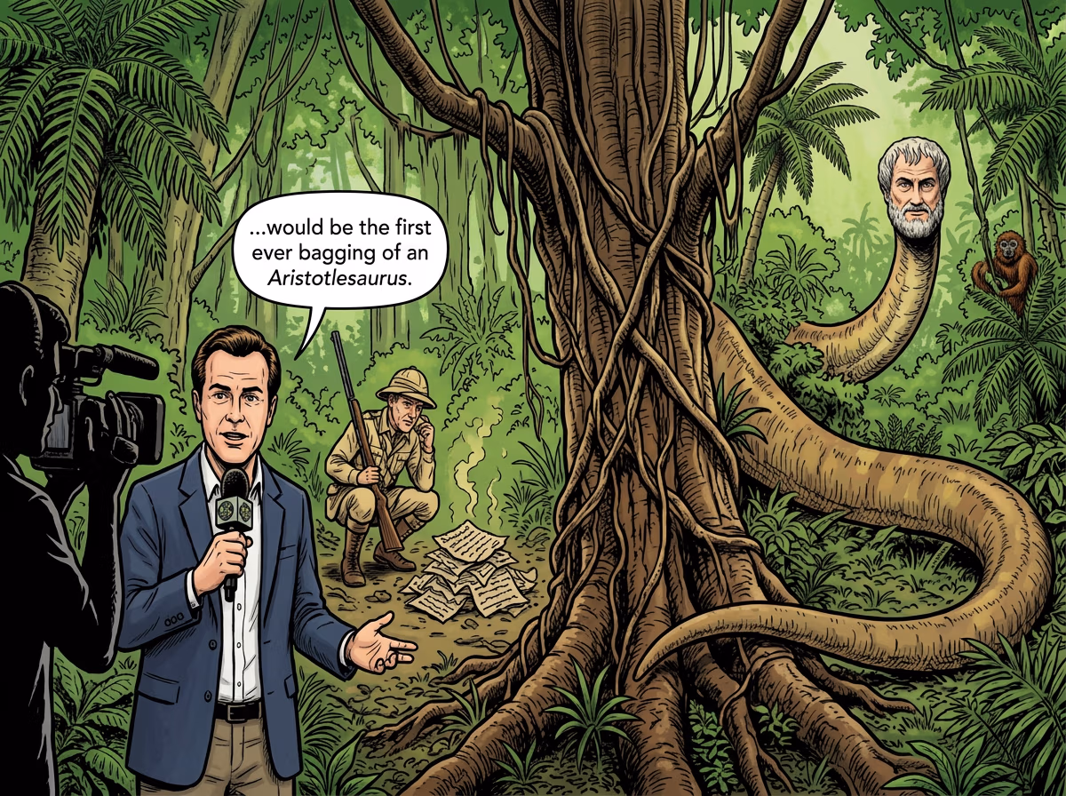 Comic-style illustration of a TV news reporter and cameraman interviewing near a jungle clearing where a safari hunter crouches with a rifle beside scattered papers, while a giant bearded stone head on a long serpentine neck looms in the trees with a small monkey nearby.