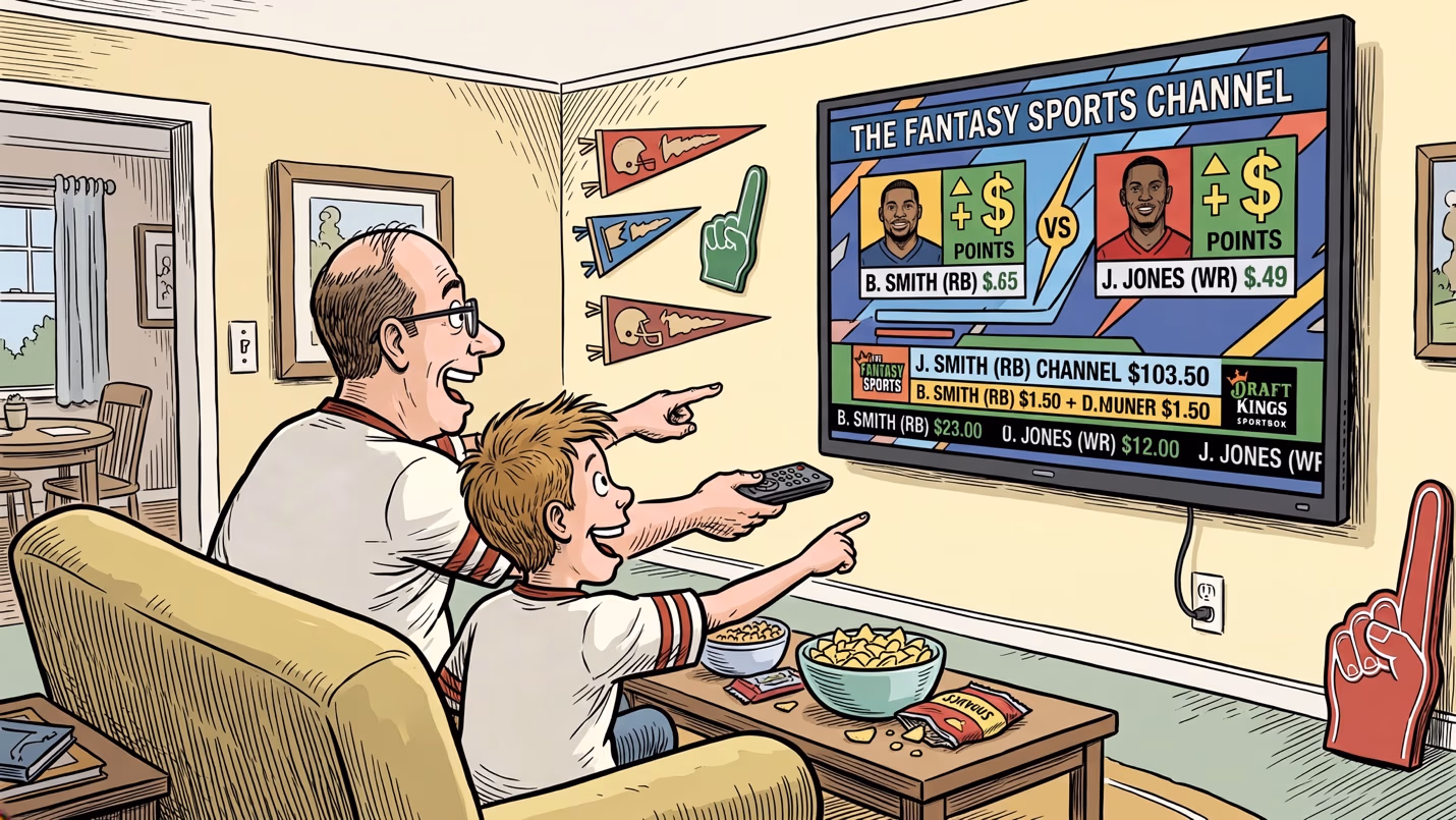 Cartoon of a father and son on a couch pointing excitedly at a TV showing a fantasy sports betting broadcast with player stats and odds.