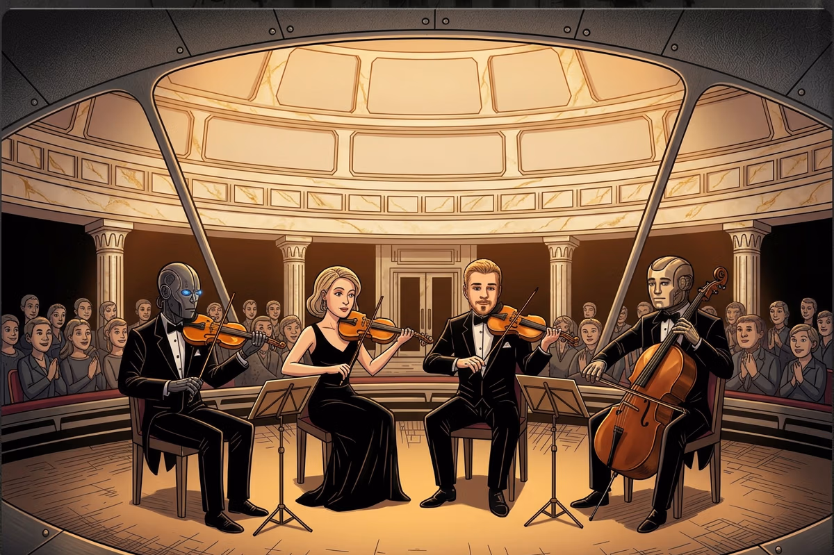 Color illustration of a string quartet performing on a circular stage in an ornate domed concert hall; one of the four musicians is depicted as a metallic robot playing alongside the human performers, before an applauding crowd.